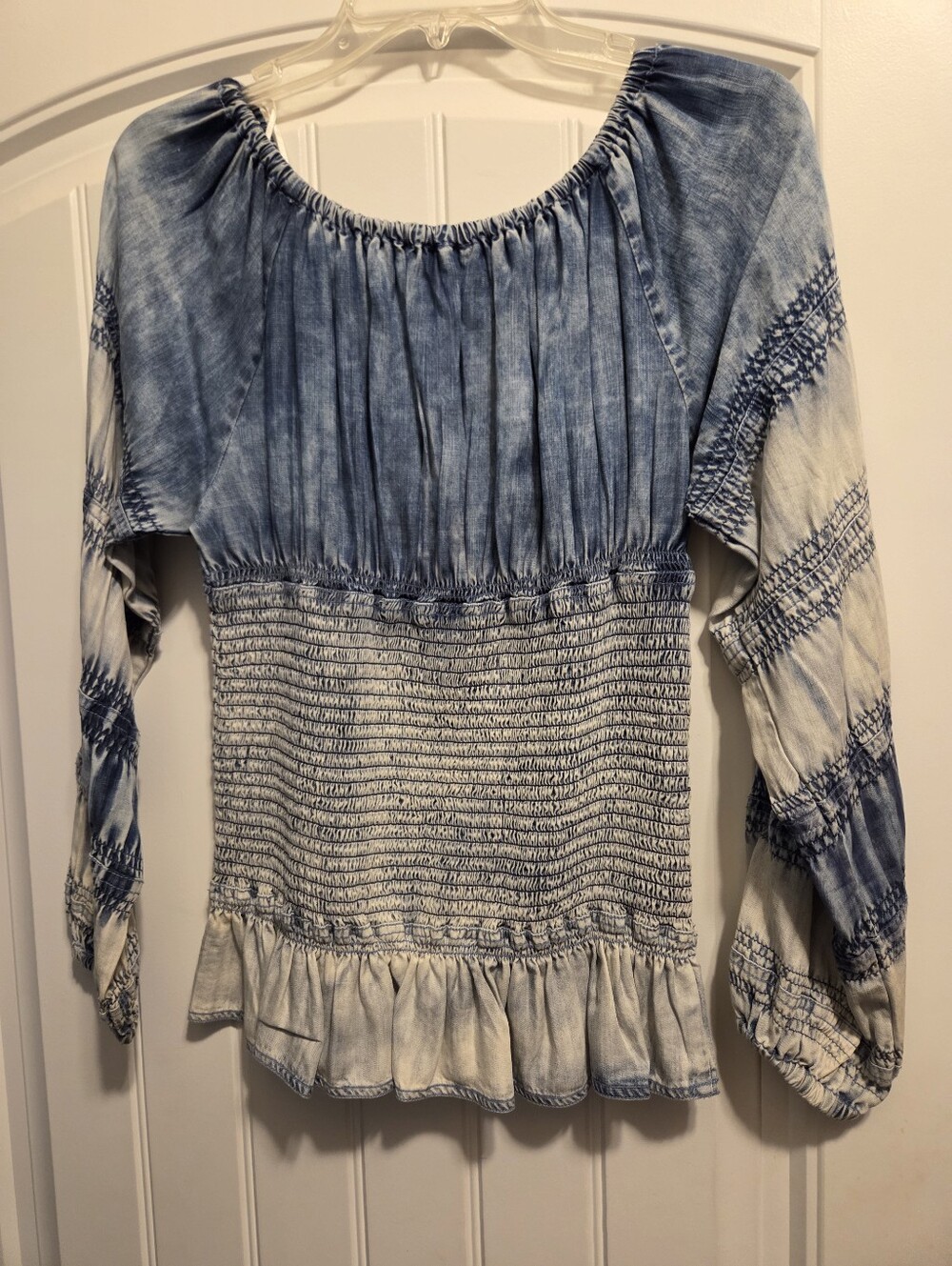 Smocked Off-Shoulder Blue Tie-Dye Women's Top